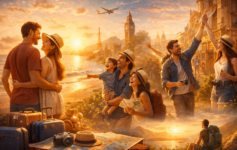 Families and couples enjoying beach and city travel at sunset