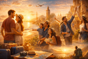 Families and couples enjoying beach and city travel at sunset