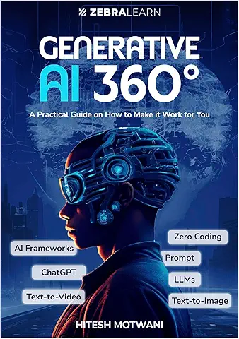 Futuristic Generative AI 360 concept showing a digital human head with artificial intelligence and technology elements.