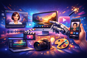 AI video creation tools interface with icons and media elements for automated video generation