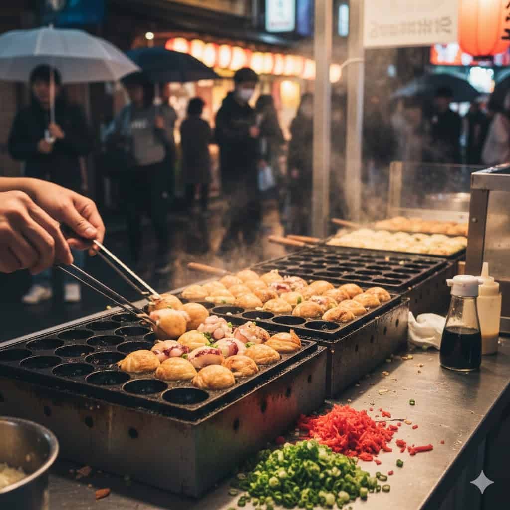 Takoyaki—Japanese street food of golden fried octopus balls with sauce and toppings