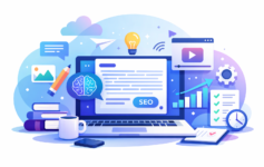 AI writing and productivity tools illustration showing laptop with content icons, SEO graph, and creative visuals