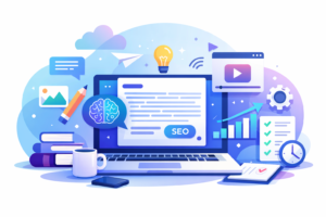 AI writing and productivity tools illustration showing laptop with content icons, SEO graph, and creative visuals