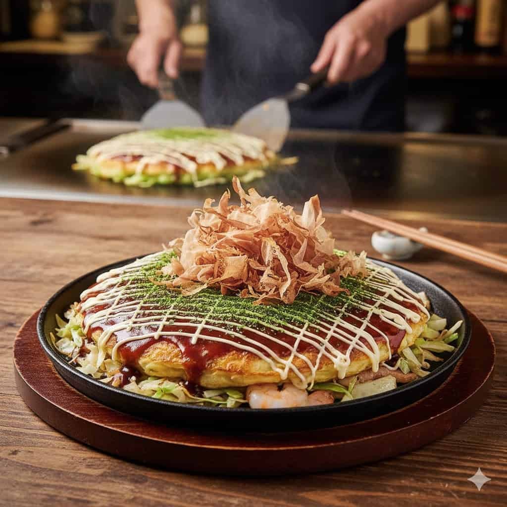Okonomiyaki, a Japanese savory pancake topped with sauce, mayonnaise, seaweed flakes, and bonito flakes