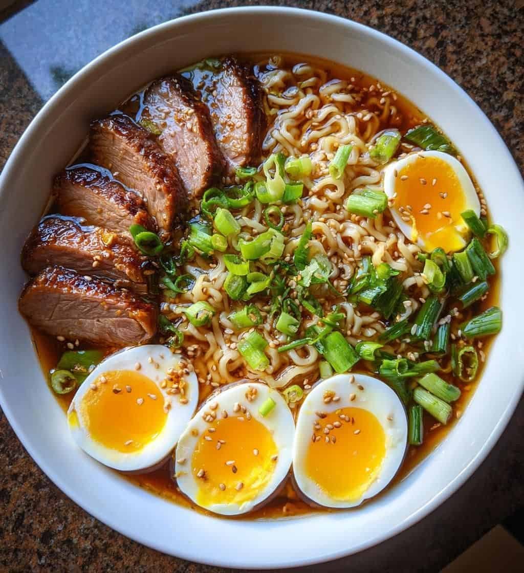 Bowl of Japanese ramen with noodles in broth topped with meat, egg and vegetables