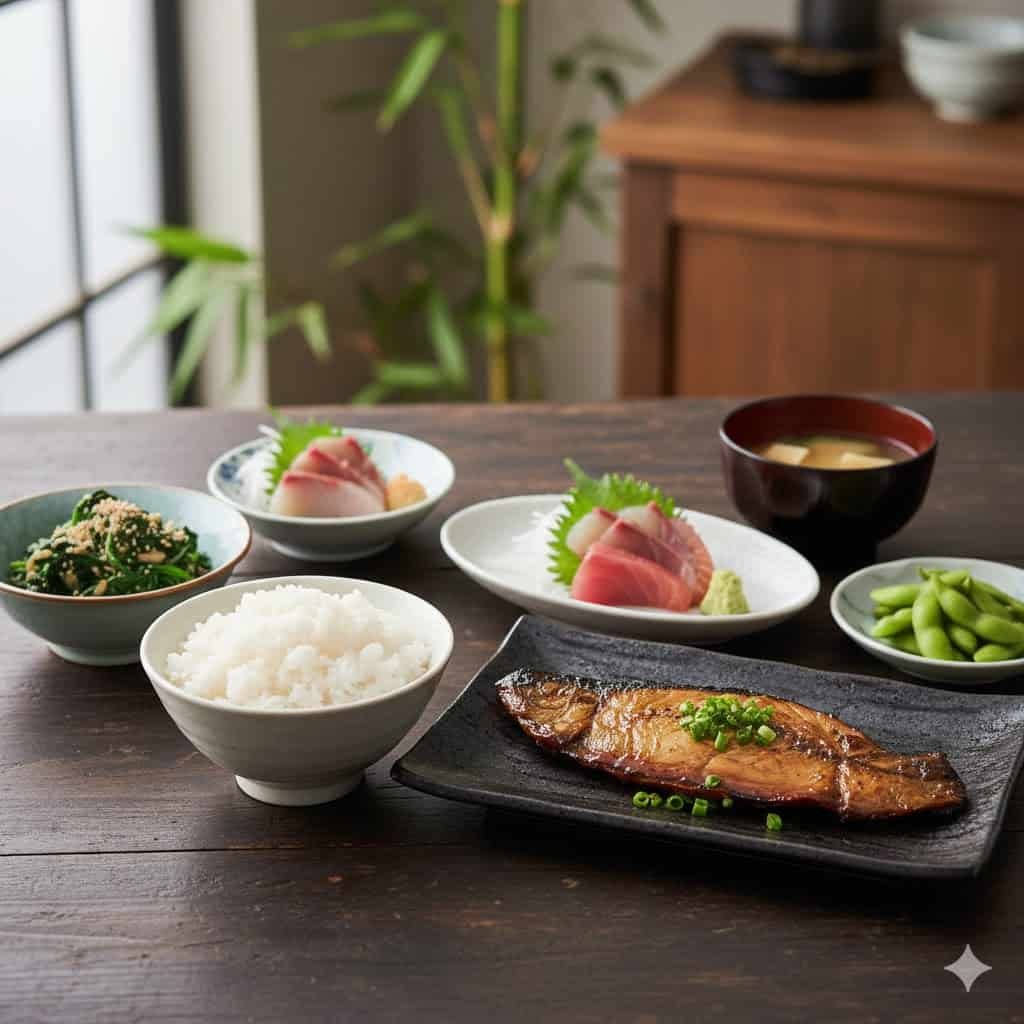 Traditional Japanese meal featuring rice and fish dishes with side accompaniments
