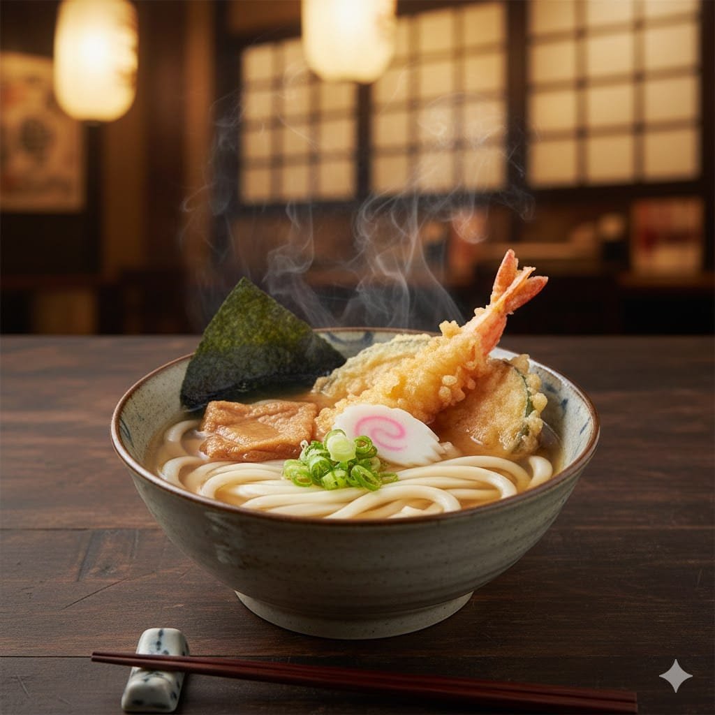 Bowl of Japanese udon noodles in broth with toppings