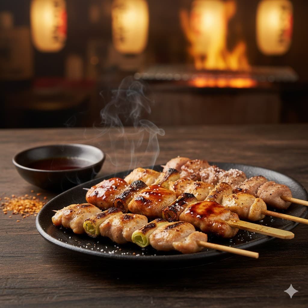 Grilled Japanese yakitori chicken skewers glazed with tare sauce