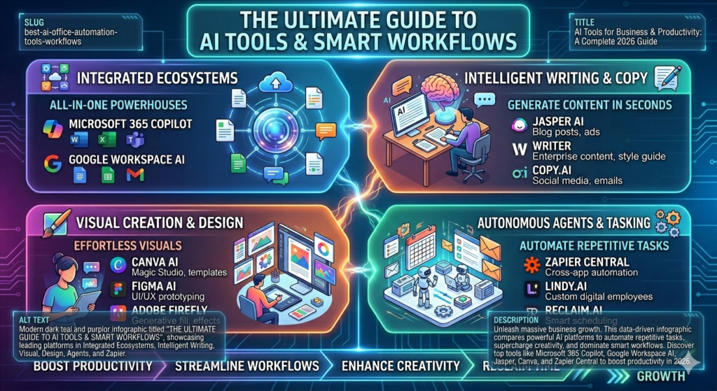 Modern dark teal and purplor infographic titled 'THE ULTIMATE GUIDE TO AI TOOLS & SMART WORKFLOWS', showcasing leading platforms in Integrated Ecosystems, Intelligent Writing, Visual Design, and Autonomous Agents like Microsoft 365, Google Workspace, Jasper, Canva, and Zapier.