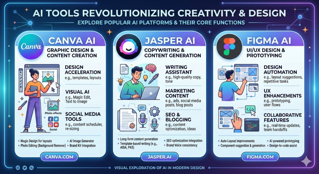 An infographic comparing the features and capabilities of popular AI tools for design, writing, and user experience.