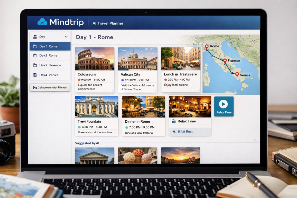 Travel planning dashboard showing an AI trip itinerary with Rome, Florence, and Venice on a laptop screen.