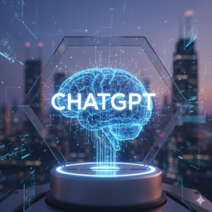 Futuristic digital brain hologram with the word ChatGPT in glowing blue