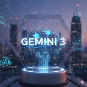 Gemini 3 conversational AI technology graphic with digital network and city background