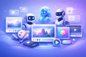 Creative AI tools dashboard displayed on laptop and mobile with virtual assistant robots