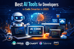 Futuristic AI coding assistant interface with robot and code dashboard for developers