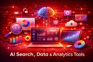 AI search, data analytics, and business intelligence tools dashboard with charts and data visualizations