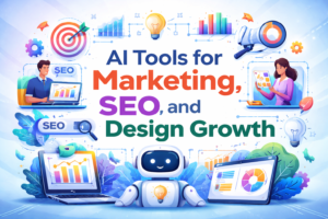 Colorful illustration showing AI tools for marketing, SEO, and design growth with analytics charts, laptop, rocket, and digital icons