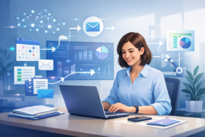 AI office automation and smart workflow tools concept with charts and digital icons