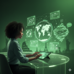 Person using AI-powered digital interface with global travel icons and futuristic holographic screens.