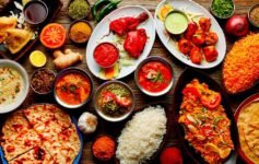 Traditional Indian food plate with popular Indian dishes and spices