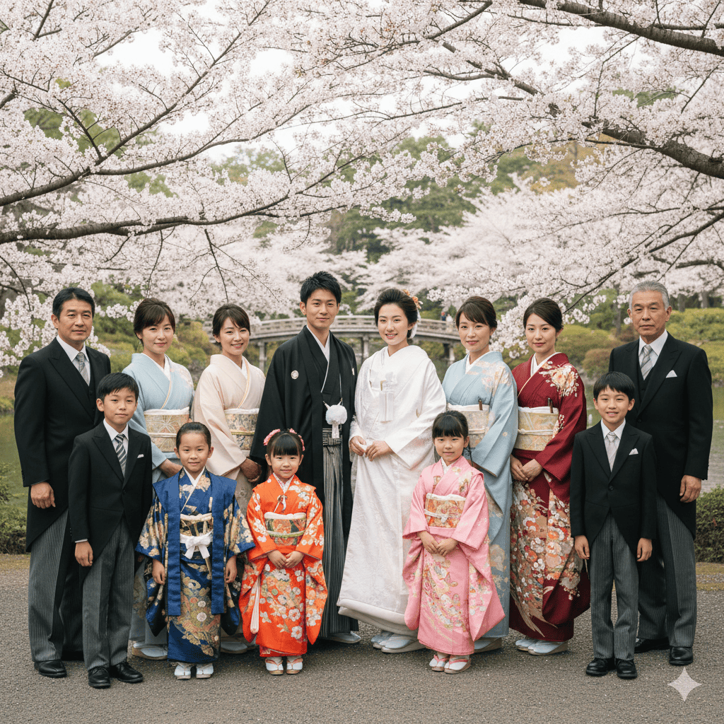 Traditional Japanese wedding attire showing bride in shiromuku kimono and groom in montsuki hakama