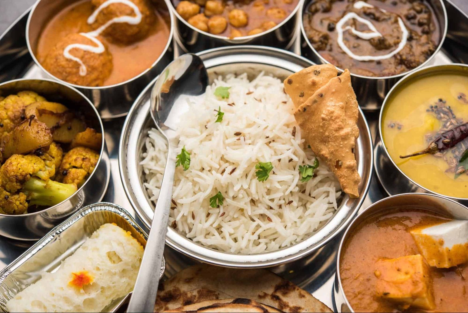North Indian food platter with popular traditional dishes