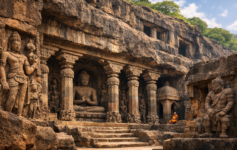 Ancient rock-cut caves in India showcasing carved pillars and temple architecture