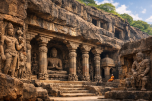 Ancient rock-cut caves in India showcasing carved pillars and temple architecture