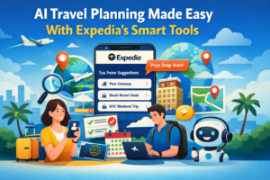 Graphic showing AI-powered travel planning with Expedia’s smart tools.