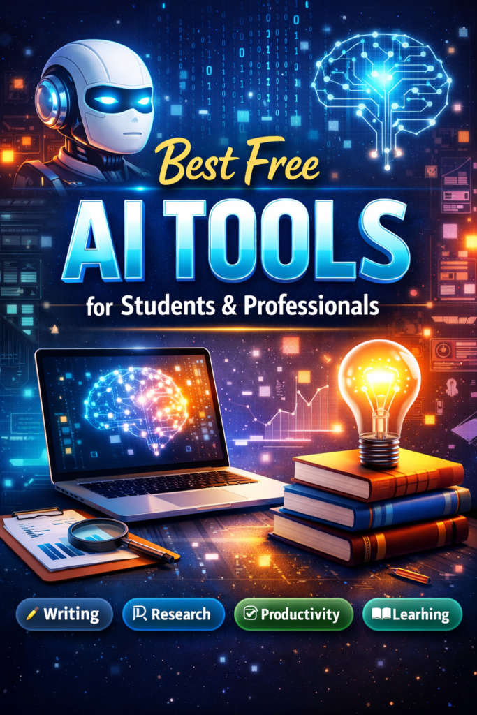 Illustration of AI tools with digital technology icons, artificial intelligence concept, and productivity features for students and professionals.