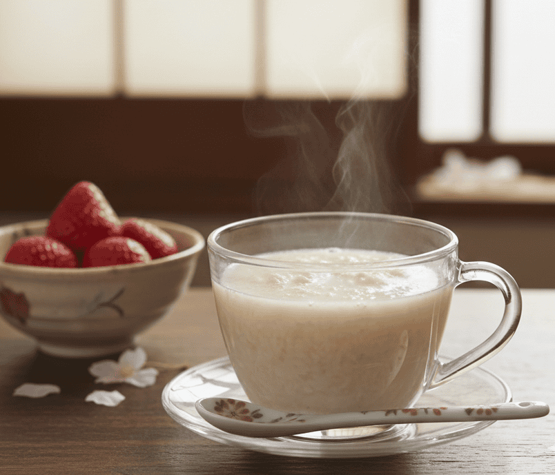 A glass of creamy amazake tea with foam on top.