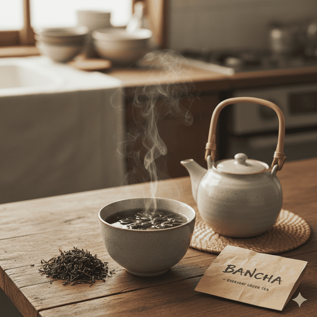 A cup of bancha—Japanese everyday green tea with an amber-green color.