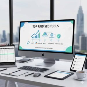 Infographic listing the The Best paid SEO tools for business growth and professionals.