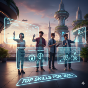 Infographic showing the best skills for students to learn in 2026, including AI, digital skills, communication, financial literacy, and problem-solving.