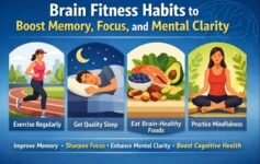 A graphic titled ‘Brain Fitness Habits to Boost Memory, Focus, and Mental Clarity’ showing icons for cognitive health.