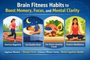 A graphic titled ‘Brain Fitness Habits to Boost Memory, Focus, and Mental Clarity’ showing icons for cognitive health.