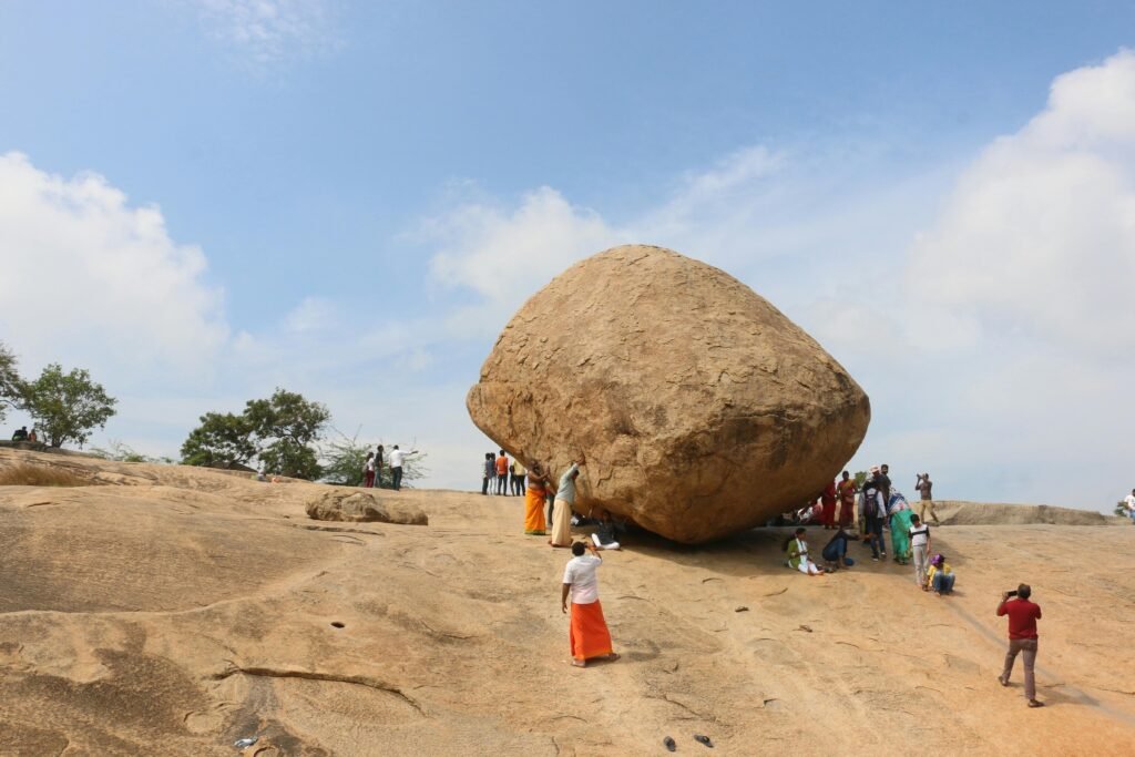 Krishna’s Butter Ball giant balancing rock on a hill in Mahabalipuram, Tamil Nadu