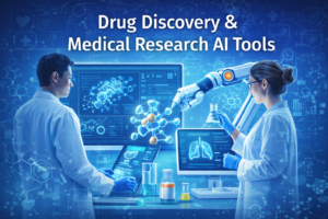 Illustration or screenshot of AI interfaces and tools used in drug discovery and medical research.