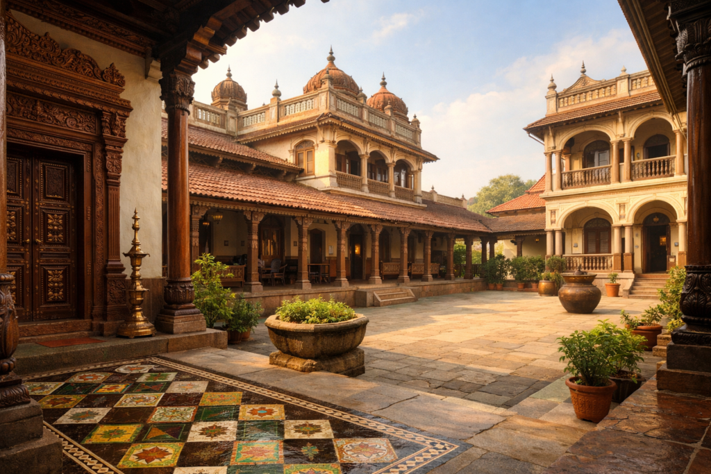 Colorful Athangudi tiles in the courtyard of a traditional Chettinad mansion in Kannadukathan