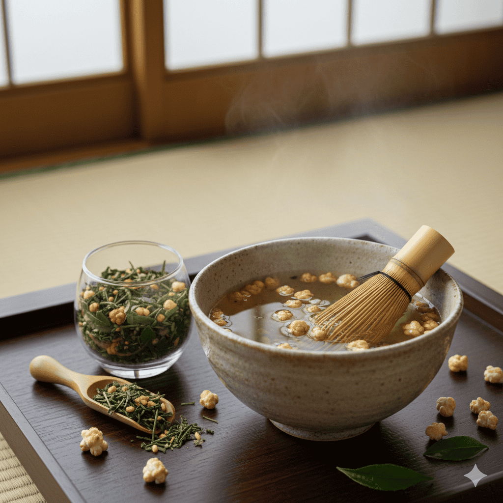 Light golden-green genmaicha tea with roasted brown rice.