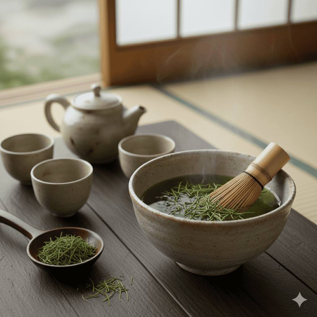 A vibrant green cup of gyokuro Japanese green tea.