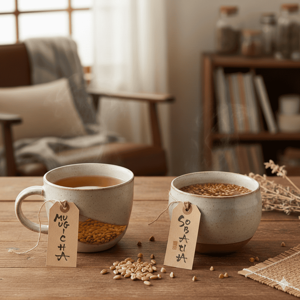 A cup of Japanese herbal tea with barley and buckwheat grains.