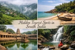 Scenic hidden tourist destinations in South India with lush landscapes and temples.