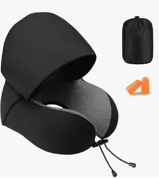 Hooded travel neck pillow in a neutral color.