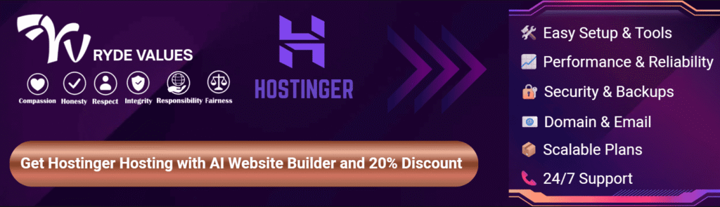 Promotional Hostinger hosting banner with Ryde Values logo and list of hosting features.