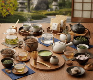 Traditional Japanese green tea served in a tea bowl with steam rising
