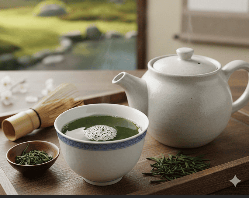 Cup of bright green Kabusecha tea, a Japanese semi-shaded green tea with deep green color.