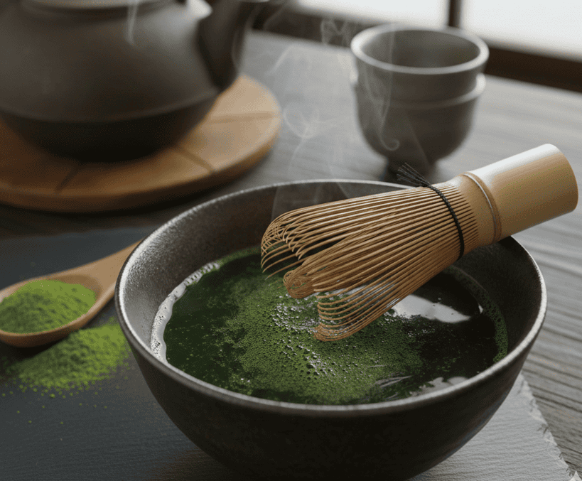 Close-up of vibrant green Konacha tea grains—fine tea leaves and dust