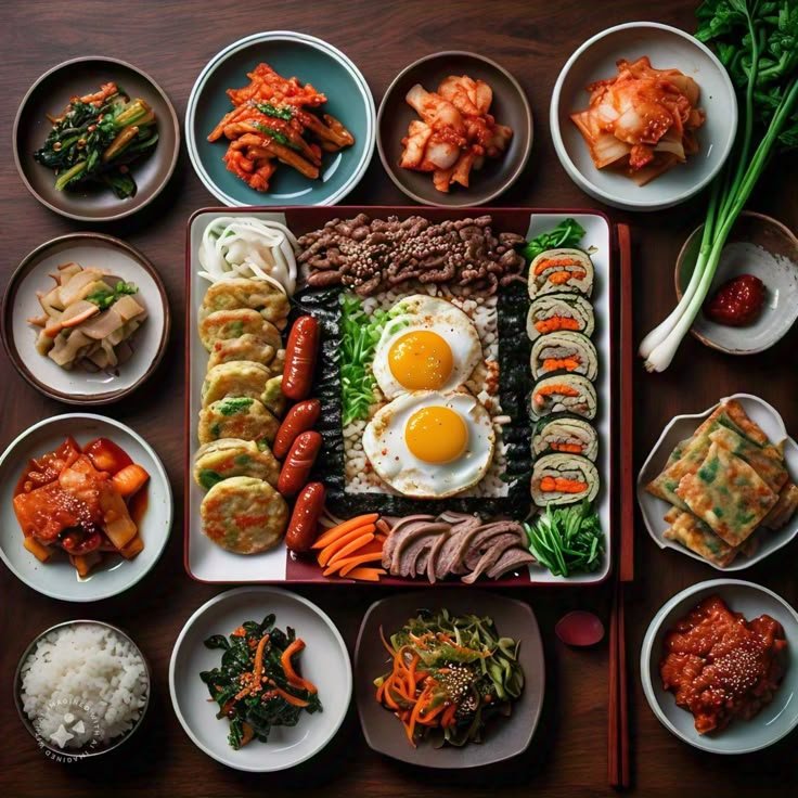 Korean cuisine assortment with side dishes and rice.