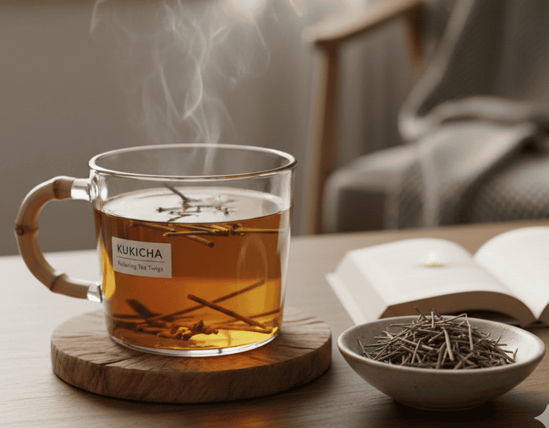 A cup of kukicha tea with a light golden color and twiggy tea leaves.